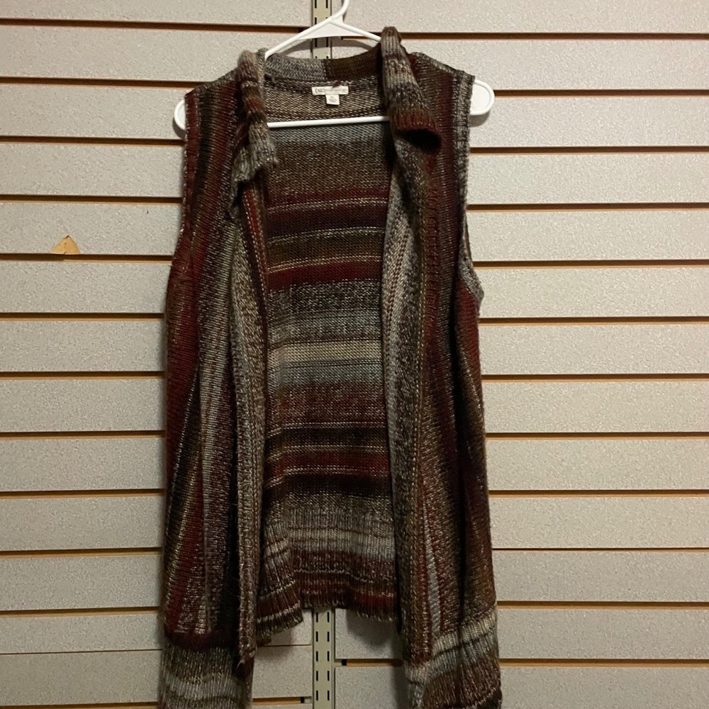 Cato Womens XL Striped‎ Open Front Knit Vest Brown Burgundy Shawl Collar RN37080